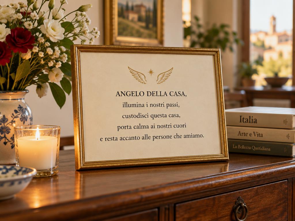 Pergamena di invocazione in cornice dorata su una credenza di casa, accanto a una candela e a una piuma